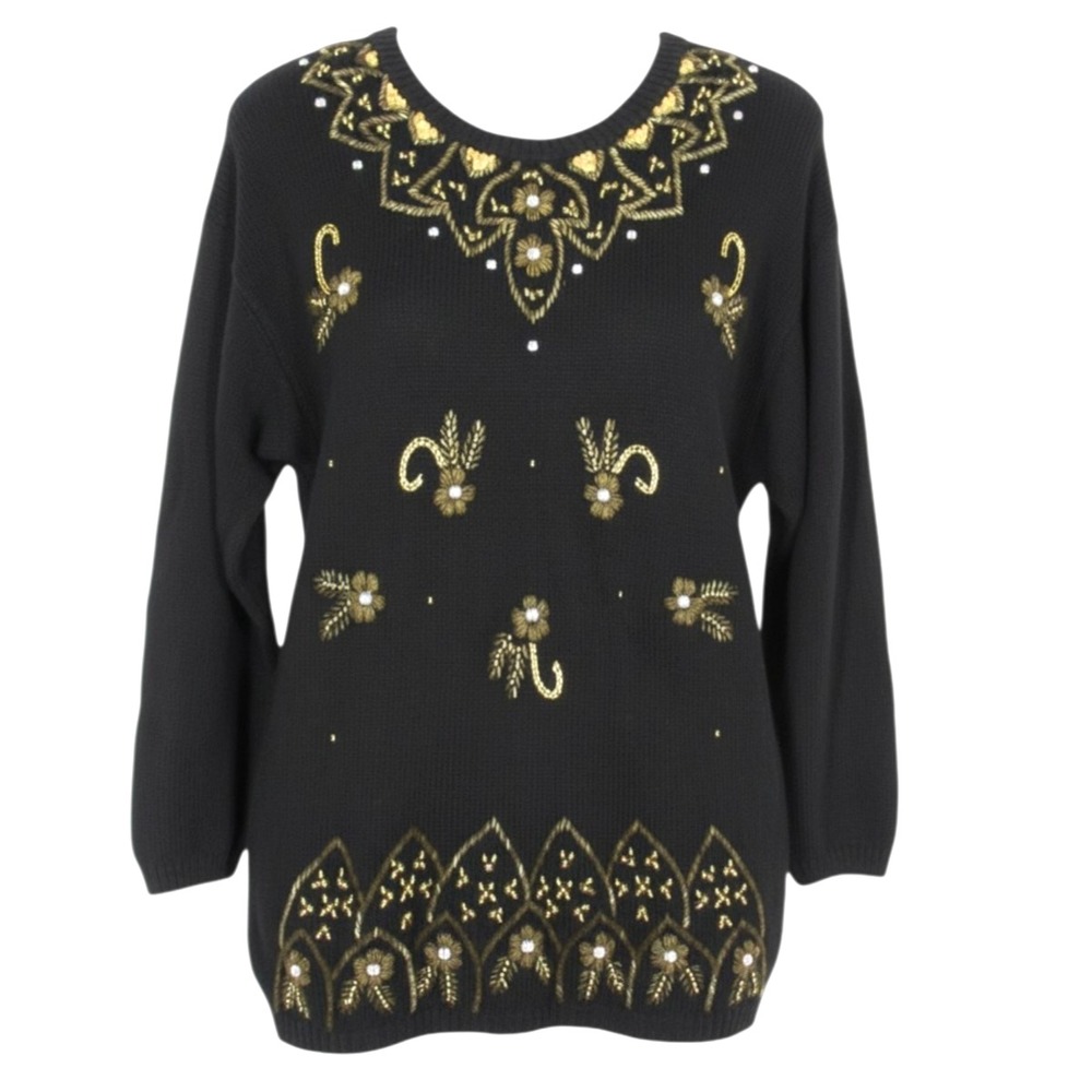 VTG ACCESSORY LADY Black BEADED SEQUINS Ribbed Trim PARTY HOILDAY Knit Sweater M